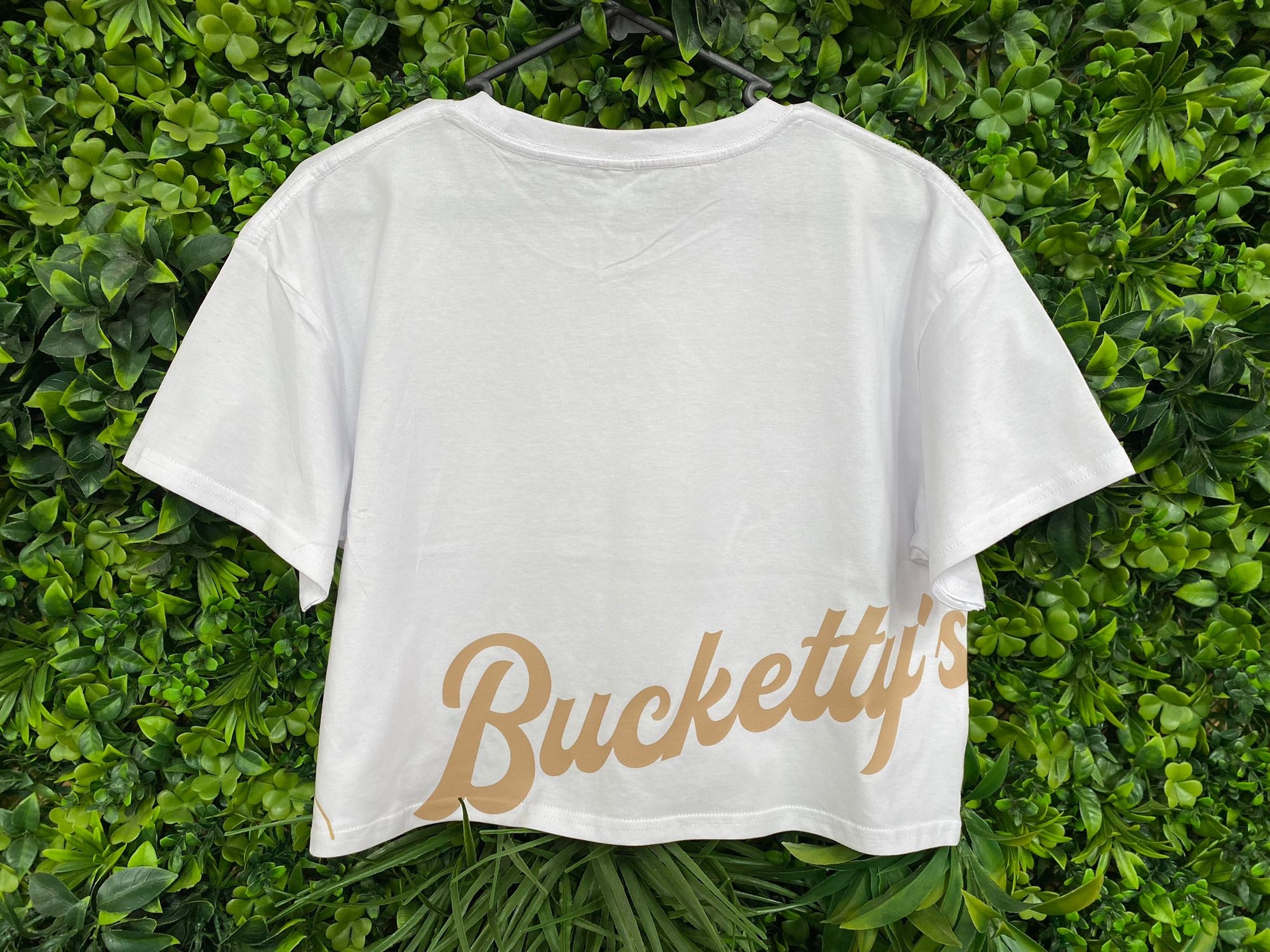 Bucketty's White Cropped T-shirt with Tan Graphic Design